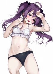  22/7 ahoge bikini black_ribbon blush feet_out_of_frame female hair_between_eyes hair_ornament hair_ribbon hand_on_own_head highres kisairo_kaede lying navel oerba_yun_fang on_back open_mouth purple_eyes purple_hair ribbon simple_background solo swimsuit tojo_yuki twintails white_background 