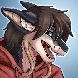  anthro blue_eyes brown_hair bust_portrait cornus dragon fur furred_dragon furred_scalie grey_body grey_fur hair looking_at_viewer male mythological_creature mythological_scalie mythology portrait red_tongue scalie solo tongue trevis_(sssmazkaa) white_body white_fur 