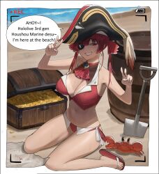  absurdres adapted_costume ascot barrel battery_indicator beach bikini border breasts cleavage coin cropped_vest double_v english_text eyepatch female flip-flops full_body gold_coin grabbing grin hat highres hololive hood_(james_x) houshou_marine houshou_marine_(1st_costume) imminent_wardrobe_malfunction large_breasts navel pirate_hat plume recording red_ascot red_bikini red_eyes red_hair red_ribbon ribbon sandals sitting smile solo speech_bubble stomach swimsuit treasure_chest twintails v vest viewfinder virtual_youtuber wariza white_border 