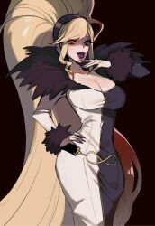  absurdly_long_hair absurdres belt black_background black_belt black_eyes blonde_hair blunt_bangs breasts cleavage dress ennuigrl female fur_trim heterochromia high_ponytail highres hilda_(under_night_in-birth) large_breasts long_hair looking_at_viewer multicolored_clothes multicolored_dress nail_polish off-shoulder_dress off_shoulder open_mouth ponytail purple_lips purple_nails red_eyes simple_background smile solo two-tone_dress under_night_in-birth very_long_hair 