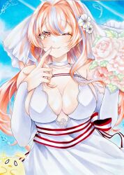  azur_lane bouquet breasts bremerton_(azur_lane) bremerton_(joyride_of_love)_(azur_lane) bridal_gauntlets bridal_veil dress female flower hair_between_eyes hair_flower hair_intakes hair_ornament highres holding holding_bouquet kishimon-08 large_breasts looking_at_viewer manjuu_(azur_lane) mole mole_on_breast multicolored_hair official_alternate_costume one_eye_closed pink_eyes pink_hair ribbon rose streaked_hair striped_ribbon traditional_media upper_body veil wedding_dress white_bridal_gauntlets white_flower white_rose white_veil 