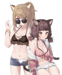  2girls animal_ear_fluff animal_ears bikini black_bikini blue_eyes blue_shorts breasts brown_hair cardigan cat_ears cat_tail cleavage collarbone commentary cowboy_shot denim denim_shorts eyes_visible_through_hair grin hands_up highres kmnz large_breasts long_hair looking_at_viewer mc_lita mc_liz medium_breasts miniskirt multiple_girls nail_polish navel off_shoulder open_cardigan open_clothes panties pantyshot pink_bikini pink_sweater pleated_skirt ponytail purple_nails red_eyes see-through short_hair short_twintails shorts simple_background single_bare_shoulder sitting skirt smile standing sunglasses sweater swimsuit syhan tail teeth twintails underwear virtual_youtuber white_background white_bikini white_panties white_skirt 