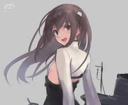  alternate_hair_length alternate_hairstyle breasts brown_eyes brown_hair female flat_chest grey_background haruto_(harut_n) headband headgear kantai_collection long_hair long_sleeves sideboob small_breasts solo taihou_(kancolle) upper_body 