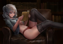  armchair black_thighhighs blue_eyes blurry blurry_background book breasts chair dark_background female grey_hair haruto_(harut_n) holding holding_book kantai_collection kashima_(kancolle) large_breasts no_bra panties reading red_panties solo thighhighs twintails underwear wavy_hair 