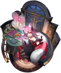  :d alcohol animal_ear_fluff animal_ears asagi_yuna azur_lane balloon bare_shoulders black_dress black_footwear bow brown_pantyhose cat_ears cat_girl cat_tail couch cup dress drinking_glass feather_boa female flower from_above full_body hairbow hatsushimo_(azur_lane) hatsushimo_(perennial_joy)_(azur_lane) highres holding holding_cup long_hair looking_at_viewer oerba_yun_fang official_alternate_costume official_art open_mouth pantyhose pink_hair red_eyes red_flower red_ribbon ribbon rose shoes short_dress sitting smile solo table tail transparent_background twintails wine 