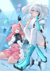  2girls absurdres ahoge black_gloves black_shirt blue_eyes blue_footwear boots ceiling_light commentary_request double_bun florence_(neural_cloud) fluorescent_lamp full_body girls&#039;_frontline girls&#039;_frontline_neural_cloud gloves grey_hair hair_between_eyes hair_bun hand_on_own_face hat heart heart-shaped_pupils highres holding holding_syringe indoors lab_coat looking_at_viewer messy_hair mitsukayurie multiple_girls nurse_cap off_shoulder pa-15_(girls&#039;_frontline) panakeia_(neural_cloud) pink_eyes pink_hair pleated_skirt shirt signature sitting skirt sleeveless sleeveless_shirt symbol-shaped_pupils syringe thighhighs white_thighhighs wz.29_(girls&#039;_frontline) 