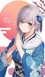  absurdres blue_flower blue_kimono blush breasts closed_mouth commentary female floral_print flower fur_collar green_eyes grey_hair hair_flower hair_ornament hands_up highres hololive japanese_clothes kimono large_breasts long_sleeves looking_at_viewer obi official_alternate_hairstyle own_hands_together print_kimono sash shirogane_noel shirogane_noel_(new_year) short_hair solo tang-du translated upper_body virtual_youtuber wavy_hair white_flower 