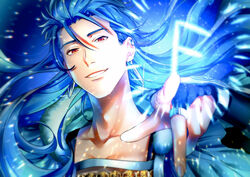  1boy absurdres bad_id bad_pixiv_id blue_hair collarbone cu_chulainn_(caster)_(fate) cu_chulainn_(fate) earrings fate/grand_order fate_(series) fingernails fur highres hood hood_down jewelry kuropani_cos long_hair looking_at_viewer magic male_focus open_mouth pointing red_eyes runes smile solo sparkle spiked_hair 