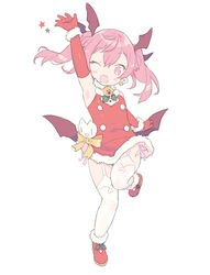  arm_up bell blade_(galaxist) blush_stickers bow brown_wings commentary_request dress elbow_gloves emelia_pris female full_body fur-trimmed_dress fur_trim garter_straps gloves jingle_bell long_hair looking_at_viewer low_wings one_eye_closed open_mouth panties pink_eyes pink_hair pink_panties pop-up_story red_dress red_footwear red_gloves shoes side-tie_panties simple_background sleeveless sleeveless_dress solo standing standing_on_one_leg thighhighs twintails underwear white_background white_thighhighs wing_hair_ornament wings yellow_bow 