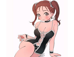  arm_support bare_arms bare_legs black_choker black_corset black_panties blush breasts brown_eyes brown_hair choker cleavage closed_mouth commentary_request corset dragon_quest dragon_quest_viii earrings female frilled_choker frills hair_ornament hair_scrunchie jessica_albert jewelry large_breasts lingerie long_hair miyama_(kannsannn) panties ribbon scrunchie simple_background sitting smile solo twintails underwear white_background wrist_ribbon 