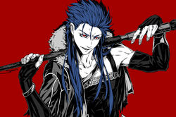  1boy blue_hair capelet collarbone cu_chulainn_(caster)_(fate) cu_chulainn_(fate) elbow_gloves fate/grand_order fate_(series) fingerless_gloves fur-trimmed_hood fur_trim gloves hood hood_down hooded_capelet long_hair male_focus open_mouth photoshop_(medium) red_background red_eyes sei_8220 simple_background solo spiked_hair staff 