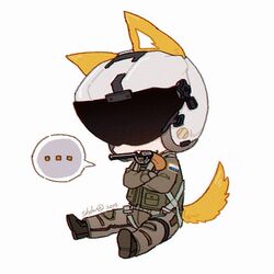  1:1 2019 ace_combat ace_combat_7 admiral_agito anthro armor boots bottomwear canid canine canis chibi clothing crossed_arms ellipsis flight_helmet flight_suit footwear fur gun gun_in_mouth handgun headgear helmet male mammal object_in_mouth pants pockets ranged_weapon revolver simple_background sitting solo speech_bubble teeth trigger_(ace_combat_7) weapon white_background white_inner_ear yellow_body yellow_fur 