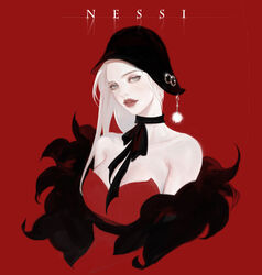  absurdres artist_name blue_eyes choker cloche_hat collarbone female hat highres limited_palette lips long_hair looking_at_viewer mole mole_on_nose nessi off_shoulder original parted_lips red_background red_theme solo strapless upper_body white_hair 