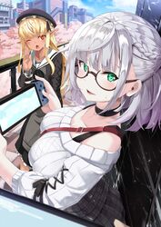  2girls ;o absurdres alternate_costume arm_up bare_shoulders between_breasts black-framed_eyewear black_dress black_skirt blonde_hair braid breasts cherry_blossoms choker city cleavage collarbone commentary dark-skinned_female dark_skin dress glasses green_eyes grey_hair hair_between_eyes handheld_game_console highres hololive large_breasts long_hair long_sleeves looking_at_viewer multicolored_hair multiple_girls nintendo_switch official_alternate_costume one_eye_closed open_mouth outdoors plaid plaid_skirt pointy_ears round_eyewear sailor_collar semi-rimless_eyewear shiranui_flare shiranui_flare_(street) shirogane_noel shirogane_noel_(casual) short_hair sidelocks sitting skirt smile strap_between_breasts streaked_hair sweater virtual_youtuber white_hair white_sweater zelitto 