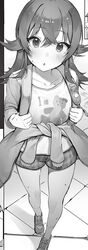  bad_id bad_twitter_id bag bear blush clothes_around_waist collarbone commentary_request female full_body greyscale highres idolmaster idolmaster_shiny_colors inactive_account komiya_kaho kotoribako looking_at_viewer monochrome open_mouth plaid plaid_shorts shirt shoes short_shorts shorts stuffed_animal stuffed_toy sweat t-shirt teddy_bear 