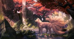  animal_ears animal_focus artist_name autumn_leaves clockbirds commentary commission day english_commentary flower halo highres landscape lily_pad making-of_available moss multiple_tails no_humans original outdoors photoshop_(medium) pink_flower river rock solo tail tree water water_lily_flower waterfall watermark wolf wolf_ears wolf_tail yellow_eyes 