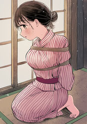  bad_id bad_pixiv_id barefoot blush bondage bondage bondage bound brown_eyes brown_hair commentary_request female full_body hair_bun highres japanese_clothes kimono kneeling long_sleeves miyama_(kannsannn) obi original parted_lips pink_kimono profile rope sash shibari_over_clothes shouji single_hair_bun sliding_doors solo striped_clothes striped_kimono sweat yukata 