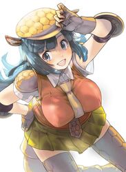  :d animal_ears arm_up armadillo_ears armadillo_tail armor armpit_peek black_eyes black_hair breasts chikuwa_(tks) collared_shirt commentary_request dutch_angle elbow_pads female fingerless_gloves floating_hair giant_armadillo_(kemono_friends) gloves hand_on_headwear hand_on_own_hip hat highres kemono_friends large_breasts leaning_forward long_hair looking_at_viewer miniskirt necktie open_mouth parted_bangs pleated_skirt shirt short_sleeves shoulder_armor skindentation skirt smile solo sweater_vest tail teeth thighhighs up_sleeve upper_teeth_only wing_collar zettai_ryouiki 