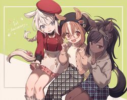  alternate_costume animal_ears bad_id bad_twitter_id beret black_hair black_neckwear black_pants blue_eyes blue_skirt braid brown_eyes brown_hoodie brown_thoroughbred_(kemono_friends) casual chestnut_thoroughbred_(kemono_friends) choker commentary dark-skinned_female dark_skin ears_through_headwear frilled_legwear frilled_skirt frills glasses hat headgear highres hood hoodie horse_ears horse_girl horse_tail jacket kemono_friends kemono_friends_3 light_brown_hair long_sleeves multicolored_hair namihaya pants pink_jacket pink_skirt plaid plaid_pants plaid_skirt pleated_skirt ponytail red_shirt shirt short_hair sitting skirt sleeve_cuffs socks tail white_hair white_legwear white_pants white_shirt white_skirt white_thoroughbred_(kemono_friends) 