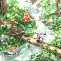  aipom dappled_sunlight day dewpider electrike grass grookey krabby log magikarp manectric midair no_humans oddish on_rock outdoors pansage plant pokemon pokemon_(creature) q-chan stream sunlight 