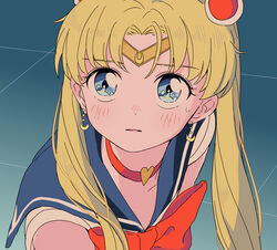  bishoujo_senshi_sailor_moon bishoujo_senshi_sailor_moon_s blonde_hair blue_eyes blue_sailor_collar bow choker circlet commentary_request crescent crescent_earrings derivative_work earrings female heart heart_choker jewelry light_blush long_hair looking_at_viewer magical_girl meme miyama_(kannsannn) parted_bangs red_bow red_choker sailor_collar sailor_moon sailor_moon_redraw_challenge_(meme) sailor_senshi_uniform screenshot_redraw shirt sleeveless sleeveless_shirt solo tsukino_usagi twintails upper_body 