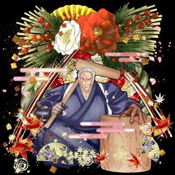  1boy absurdres amatsumara_(housamo) bad_id bad_twitter_id bara beard commentary egasumi facial_hair flower goatee hakama hand_fan haori highres itaru_(kidomh63) japanese_clothes kimono kine long_sideburns looking_at_viewer male_focus mallet mature_male muscular muscular_male old old_man open_mouth pectoral_cleavage pectorals scar scar_across_eye scar_on_face shimekazari short_hair sideburns simple_background smile solo teeth tokyo_afterschool_summoners 