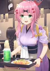  3girls alternate_costume beer_mug breasts collapse_fluid_(girls&#039;_frontline) commentary_request cup dated drink food girls&#039;_frontline glasses green_eyes hair_ornament hk416_(girls&#039;_frontline) japanese_clothes kimono large_breasts long_braid looking_at_viewer m16a1_(girls&#039;_frontline) mug multiple_girls okonomiyaki pink_hair restaurant sarasa_(kanbi) tabuk_(culinarian_of_the_souleaters)_(girls&#039;_frontline) tabuk_(girls&#039;_frontline) tasuki twitter_username white_hair x_hair_ornament yukata 