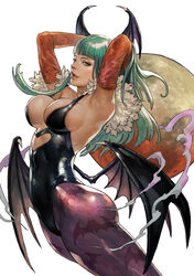  animal_print armpits ass bat_print bat_wings breasts commentary demon_girl elbow_gloves female gloves head_wings highres large_breasts leotard lips low_wings morrigan_aensland pantyhose print_pantyhose purple_pantyhose purple_wings solo tahra vampire_(game) wings 