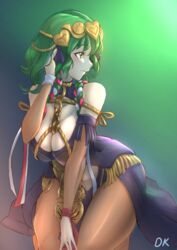  absurdres bad_id bad_pixiv_id braid breasts byleth_(female)_(fire_emblem) byleth_(fire_emblem) cleavage cosplay deekei dress female fire_emblem fire_emblem:_three_houses gradient_background green_eyes green_hair hair_ornament hair_ribbon highres large_breasts looking_to_the_side medium_hair pantyhose parted_lips ribbon ribbon_braid side_braid simple_background solo sothis_(fire_emblem) sothis_(fire_emblem)_(cosplay) tiara twin_braids 