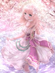  absent blonde_hair blush breasts cherry_blossoms dress female flower green_eyes hair_flower hair_ornament highres long_hair open_mouth original pink_hair 