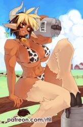  abs absurdres alternate_costume animal_ears animal_feet animal_print bare_shoulders bell bikini blue_sky breasts cathyl cloud commentary cow_ears cow_girl cow_print cow_print_bikini cow_tail cowbell dark-skinned_female dark_skin day english_commentary farm female fence field grass grin highres holding horns huge_breasts knee_up looking_at_viewer monster_girl monster_musume_no_iru_nichijou mouth_hold multicolored_hair muscular muscular_female neck_bell on_fence outdoors patreon_username print_bikini rtil short_hair sitting sky smile solo stalk_in_mouth straw_(stalk) swimsuit tail tank_(container) tsurime two-tone_hair v-shaped_eyebrows variant_set watermark web_address wooden_fence yellow_eyes 