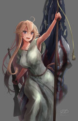  alternate_costume alternate_eye_color american_flag blonde_hair breasts commentary_request dress female flag gun haruto_(harut_n) highres holding holding_flag holding_gun holding_weapon iowa_(kancolle) kantai_collection large_breasts liberty_leading_the_people long_hair m1_garand partial_commentary purple_eyes rifle sleeveless sleeveless_dress solo weapon white_dress 