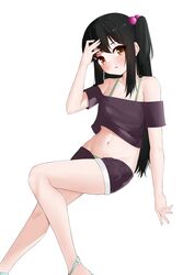  adachi_tenka bare_legs bare_shoulders black_hair black_shirt black_shorts blush bra_strap brown_eyes crop_top feet_out_of_frame female groin hair_bobbles hair_ornament hand_up highres long_hair looking_at_viewer midriff navel off-shoulder_shirt off_shoulder shirt short_shorts short_sleeves shorts shoujo_ramune sidelocks simple_background solo stomach thighs two_side_up very_long_hair white_background zerotwenty_(020) 