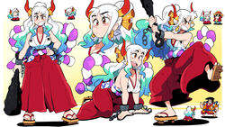  2boys aqua_hair blue_hair breasts brown_eyes chains cleavage club_(weapon) curled_horns earrings female geta hakama hakama_pants hand_on_own_hip highres horns japanese_clothes jewelry kanabou kimono kouzuki_oden large_breasts leg_up monkey_d._luffy multicolored_hair multicolored_horns multiple_boys multiple_views one_piece open_mouth orange_horns pants ponytail red_hakama red_horns rope scott_malin shadow sideboob sleeveless sleeveless_kimono solo_focus spiked_club two-tone_horns weapon white_hair wrist_cuffs yamato_(one_piece) 