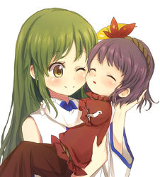  2girls absurdres aged_down baby_carry blush carrying cheek-to-cheek commentary_request detached_sleeves green_eyes green_hair hair_ornament hand_on_another&#039;s_back hand_on_another&#039;s_head heads_together highres holding_person kochiya_sanae layered_sleeves leaf_hair_ornament long_sleeves multiple_girls one_eye_closed parted_lips puffy_short_sleeves puffy_sleeves purple_hair red_shirt red_skirt rope shimenawa shirt short_hair short_sleeves simple_background skirt sleeping smile standing tatuhiro touhou upper_body white_background yasaka_kanako 