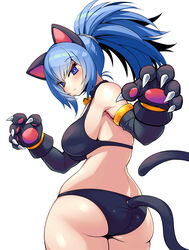  animal_ears animal_hands ass bad_id bad_twitter_id bell bikini black_bikini blue_eyes blue_hair blush breasts cat_ears cat_paws cat_tail closed_mouth elbow_gloves fake_animal_ears fake_tail female gloves highres jewelry jingle_bell kara_age large_breasts legs leona_heidern long_hair looking_at_viewer looking_back necklace o-ring o-ring_bottom paw_gloves paw_pose ponytail sideboob simple_background snk_heroines:_tag_team_frenzy solo swimsuit tail the_king_of_fighters twisted_torso white_background 