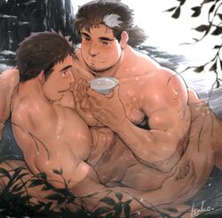  2boys abs age_difference arm_hair bara brown_hair chest_hair commission completely_nude cup eye_contact facial_hair feeding feet_out_of_frame from_above hand_up highres holding holding_cup isuke large_pectorals leaning_on_person long_sideburns looking_at_another male_focus mature_male medium_hair mononobe_kyoma moustache multiple_boys muscular muscular_male nipples nude onsen partially_submerged pectorals plant ponytail protagonist_3_(housamo) sakazuki short_hair sideburns skeb_commission smile sparse_arm_hair sparse_chest_hair stubble thick_eyebrows tokyo_afterschool_summoners water white_hair yaoi 