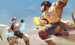  2boys abs absurdres alca_(wakatanka4) alca_the_lion animal_ears bara battle beard beenic black_hair black_shorts bulge cape chest_tattoo clothing_cutout commission crotchless crotchless_pants dog_boy dog_ears dog_tail duel facial_hair feet_out_of_frame fighting_stance flame_print flaming_hand frown furry furry_male goggles grey_fur gyee highres hood hooded_cape jewelry large_pectorals lion_boy lion_ears lion_tail male_focus mature_male multiple_boys muscular muscular_male necklace nipples original pants pectorals shan_yao_jun short_hair shorts stomach tail tattoo thick_eyebrows thick_thighs thigh_cutout thighs tooth_necklace topless_male white_cape 