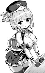  azur_lane azur_lane:_slow_ahead bare_shoulders breasts cleavage commentary dress female frilled_skirt frills gloves greyscale hair_bun hair_ribbon half_gloves hat hori_(hori_no_su) leipzig_(azur_lane) medium_breasts military_hat monochrome official_art pleated_dress ribbon short_hair single_hair_bun skirt solo_focus thighhighs 