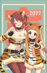  2022 2girls ^_^ ^o^ animal_costume animal_ears animal_print bare_shoulders black_choker blush breasts choker claw_pose cleavage closed_eyes collarbone cowboy_shot detached_sleeves fake_animal_ears fingerless_gloves fishnet_pantyhose fishnets fur-trimmed_sleeves fur-trimmed_tube_top fur_trim gloves hairband highres ichihara_nina idolmaster idolmaster_cinderella_girls leather_choker midriff mifune_miyu multiple_girls navel nooopie oerba_yun_fang orange_hair outside_border pantyhose red_eyes side_ponytail simple_background straight_hair strapless tail tiger_costume tiger_ears tiger_print tiger_tail tube_top 