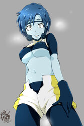  aqua_skin arms_at_sides blue_gloves blue_hair blue_leggings blue_shirt blue_skin boku_no_hero_academia breasts bubble_girl_(boku_no_hero_academia) colored_skin commentary cowboy_shot crop_top cropped_jacket diving_mask eyelashes female from_below gloves goggles grey_background grey_eyes highres island_lagoon jacket leggings leggings_under_shorts looking_at_viewer looking_down mandarin_collar medium_breasts midriff navel open_fly parted_lips shirt short_hair short_shorts short_sleeves shorts signature simple_background sleeveless sleeveless_jacket smile solo standing steam steaming_body superhero_costume swept_bangs thick_eyebrows thigh_gap two-tone_shorts underboob very_short_hair white_jacket white_shorts yellow_shorts 