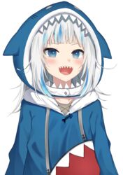  :d absurdres animal_hood atora bad_id bad_pixiv_id blue_eyes blue_hair blunt_bangs blush collarbone commentary female fish gawr_gura gawr_gura_(1st_costume) grey_hair highres hololive hololive_english hood hood_up hoodie long_hair long_sleeves looking_at_viewer multicolored_hair open_mouth shark_hood sharp_teeth simple_background smile solo streaked_hair teeth upper_body upper_teeth_only virtual_youtuber white_background 