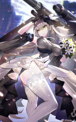  88_flak_(ash_arms) alternate_costume arm_up ash_arms black_gloves blurry blurry_background bouquet breasts calder chinese_commentary contrapposto depth_of_field dress female flower gloves hair_between_eyes highres lace lace-trimmed_legwear lace_trim large_breasts light_brown_hair long_hair panties side-tie_panties side_slit solo thighhighs torn_clothes torn_dress underbust underwear veil very_long_hair weibo_logo weibo_watermark white_thighhighs yellow_eyes 