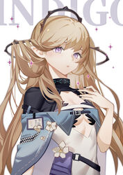  absurdres arknights bangs black_nails brown_hair character_name female flower graykn hand_up highres indigo_(arknights) long_hair looking_at_viewer nail_polish parted_lips purple_eyes simple_background solo two_side_up upper_body white_background white_flower 