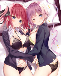  2girls :3 ass bad_id bad_twitter_id black_bra black_jacket black_panties black_ribbon blazer blue_eyes bra breasts butterfly_hair_ornament cleavage collared_shirt commentary_request futaba_miwa go-toubun_no_hanayome hair_ornament hair_ribbon jacket large_breasts light_purple_hair long_sleeves looking_at_viewer lying multiple_girls nakano_ichika nakano_nino no_pants on_back on_side one_eye_closed open_clothes open_jacket open_shirt panties pillow red_hair ribbon shirt short_hair siblings sisters twins underwear white_shirt 