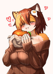  2022 absurd_res anthro big_breasts blush breasts burger calico_cat closed_eyes clothed clothing detailed detailed_food digital_media_(artwork) domestic_cat eating felid feline felis female female_anthro food fur hair heart_symbol hi_res holding_burger holding_food holding_object huge_breasts kagarimachi_ame kemono mammal multicolored_body multicolored_fur multicolored_hair nekotsuki_kohime shoulderless_shirt shoulderless_sweater solo sweater topwear 