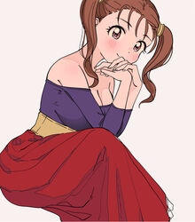  bare_shoulders blush breasts brown_eyes brown_hair cleavage closed_mouth commentary_request corset dragon_quest dragon_quest_viii female hands_up highres jessica_albert large_breasts long_hair long_skirt long_sleeves miyama_(kannsannn) off-shoulder_shirt off_shoulder purple_shirt red_skirt shirt sitting skirt smile solo twintails 