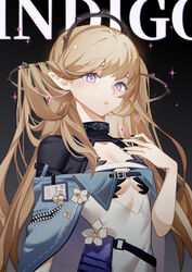  absurdres arknights bangs black_background black_nails brown_hair character_name female flower graykn hand_up highres indigo_(arknights) long_hair looking_at_viewer nail_polish parted_lips purple_eyes simple_background solo two_side_up upper_body white_flower 