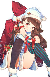  alternate_hairstyle asymmetrical_legwear black_thighhighs blue_dress blue_footwear blue_hat blunt_bangs blush boots brown_hair christmas commentary dress eyebrows female fur-trimmed_boots fur_trim gloves half_gloves hat highres holding holding_sack holly idolmaster idolmaster_cinderella_girls kamiya_nao kotoribako long_hair looking_at_viewer mismatched_legwear photoshop_(medium) pom_pom_(clothes) red_eyes red_ribbon ribbon sack santa_hat simple_background sitting sleeveless sleeveless_dress smile solo striped_clothes striped_thighhighs thighhighs vertical-striped_clothes vertical-striped_thighhighs white_background white_gloves wrist_ribbon 