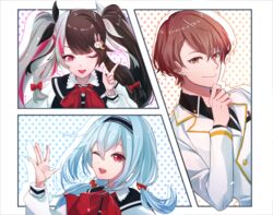  1boy 2girls alternate_hairstyle brown_eyes brown_hair commentary_request hakase_fuyuki headband kagami_hayato kmes_niku long_hair looking_at_viewer medium_hair multicolored_hair multiple_girls nijisanji one_eye_closed red_eyes school_uniform smc-gumi_(nijisanji) split-color_hair twintails virtual_youtuber yorumi_rena 